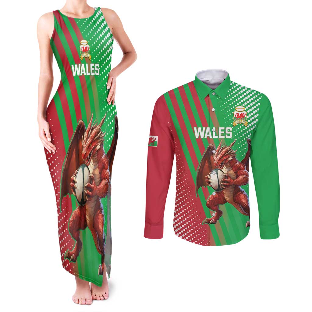 Custom Wales Rugby 2025 Couples Matching Tank Maxi Dress and Long Sleeve Button Shirt Go Welsh Dragon Sporty Style