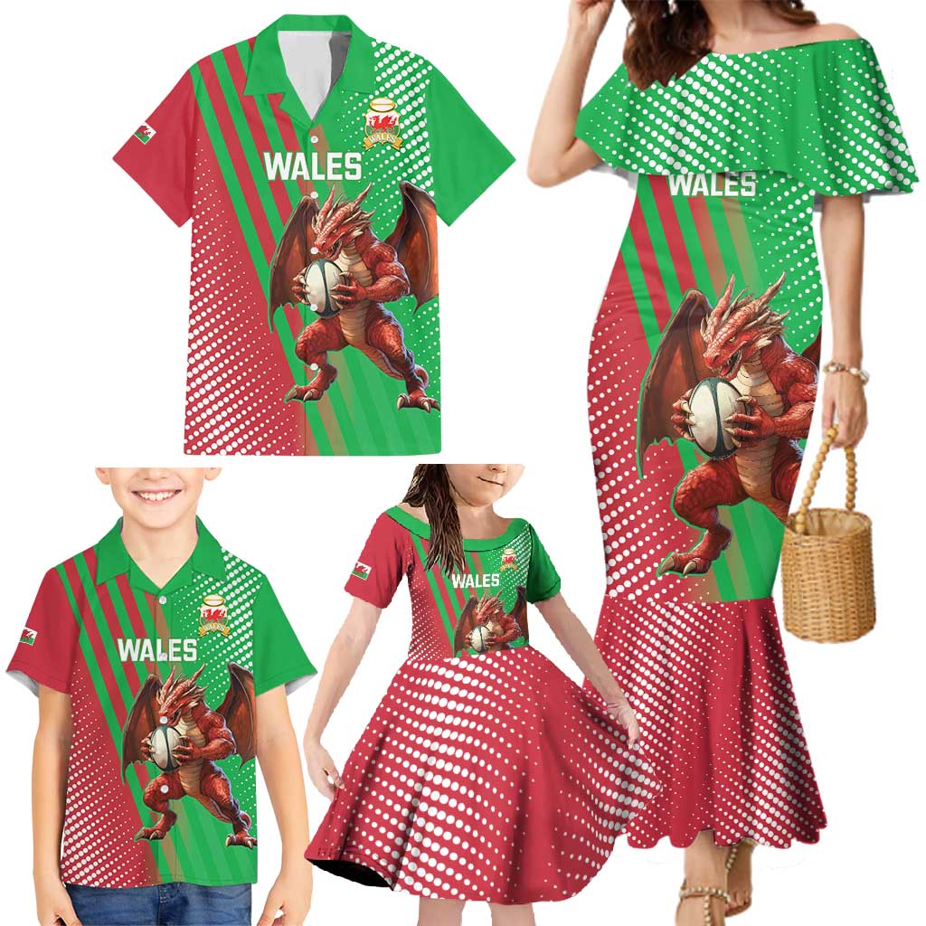 Custom Wales Rugby 2025 Family Matching Mermaid Dress and Hawaiian Shirt Go Welsh Dragon Sporty Style