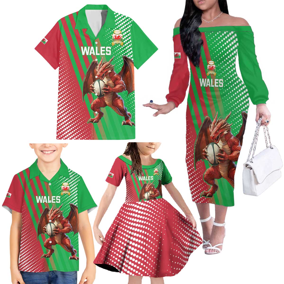 Custom Wales Rugby 2025 Family Matching Off The Shoulder Long Sleeve Dress and Hawaiian Shirt Go Welsh Dragon Sporty Style