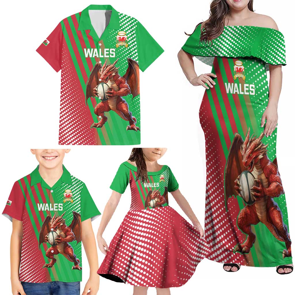 Custom Wales Rugby 2025 Family Matching Off Shoulder Maxi Dress and Hawaiian Shirt Go Welsh Dragon Sporty Style - Wonder Print Shop