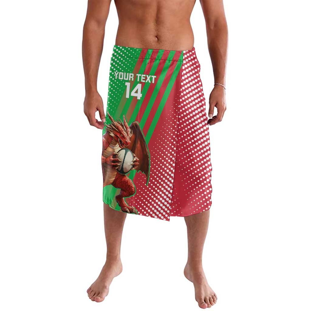 Men's wrap-style sarong, red and green stripes with white dots and dragon print