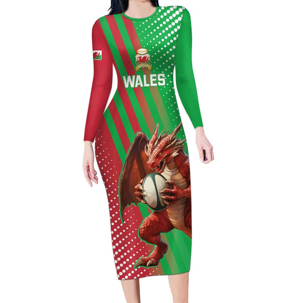 Custom Wales Rugby 2025 Long Sleeve Bodycon Dress Go Welsh Dragon Sporty Style - Wonder Print Shop