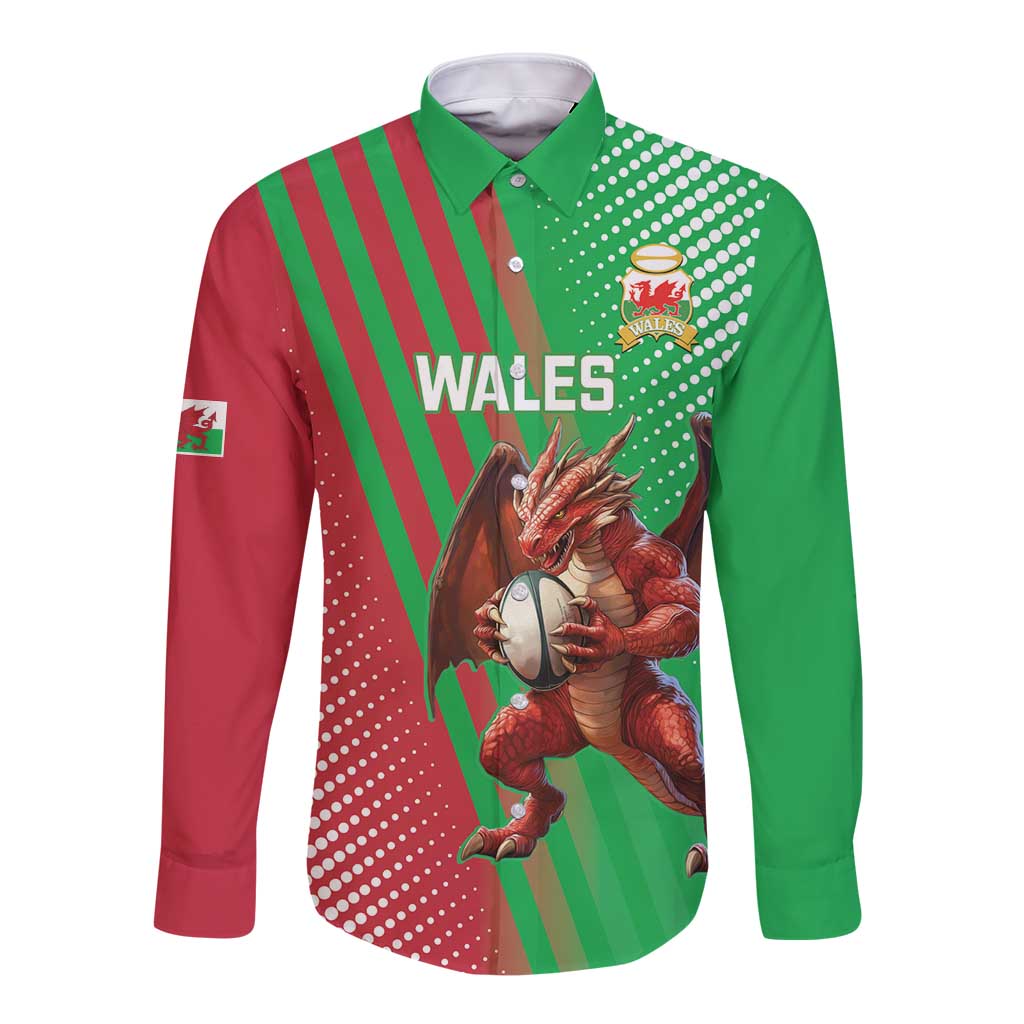 Long sleeve button rugby shirt in green with red diagonal stripes and dragon front graphic