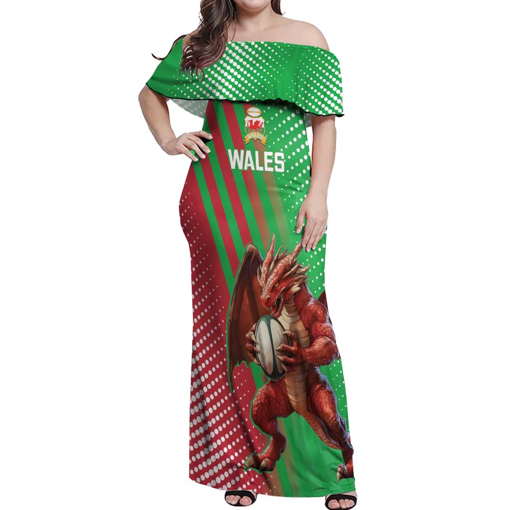 Custom Wales Rugby 2025 Off Shoulder Maxi Dress Go Welsh Dragon Sporty Style - Wonder Print Shop