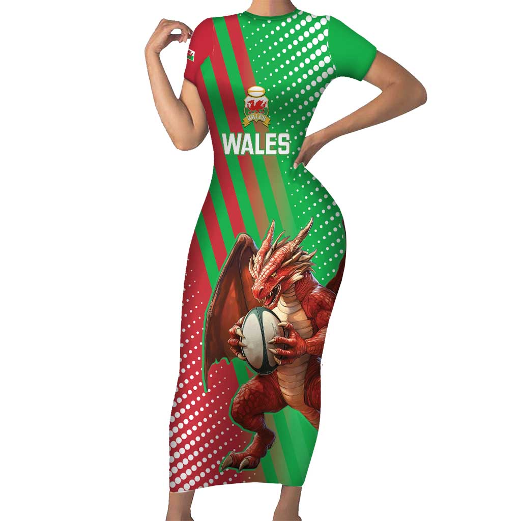 Custom Wales Rugby 2025 Short Sleeve Bodycon Dress Go Welsh Dragon Sporty Style