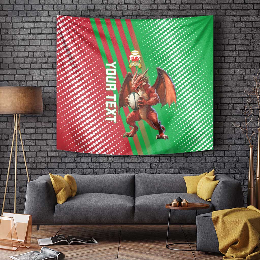 Rugby tapestry with Welsh dragon, green/red polka dots, and vertical “your text”
