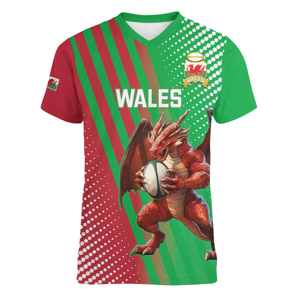 Custom Wales Rugby 2025 Women V-Neck T-Shirt Go Welsh Dragon Sporty Style