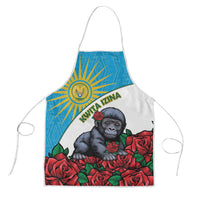 Apron with blue geometric panel, baby gorilla and red roses graphic on white