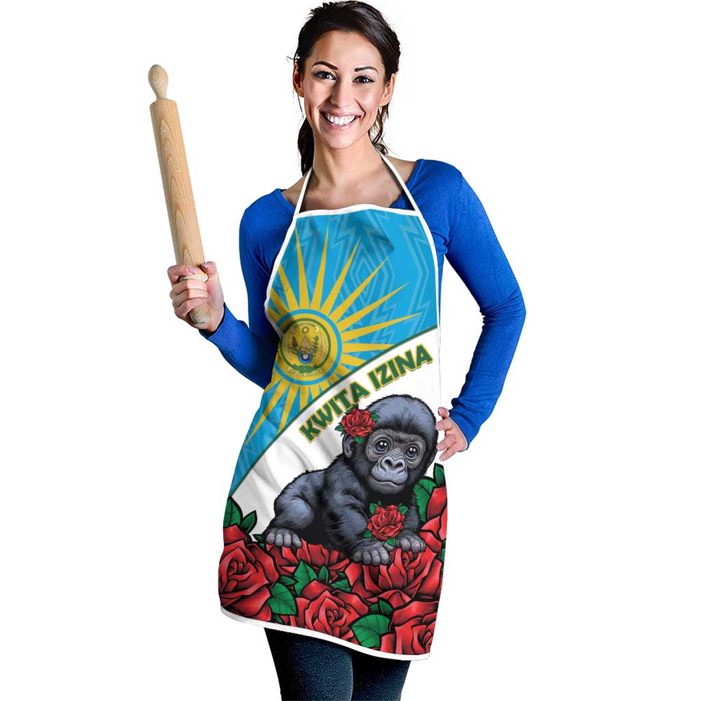 Apron with blue geometric panel and rose graphic, baby gorilla on white front