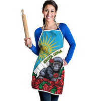 Apron with blue geometric panel and rose graphic, baby gorilla on white front