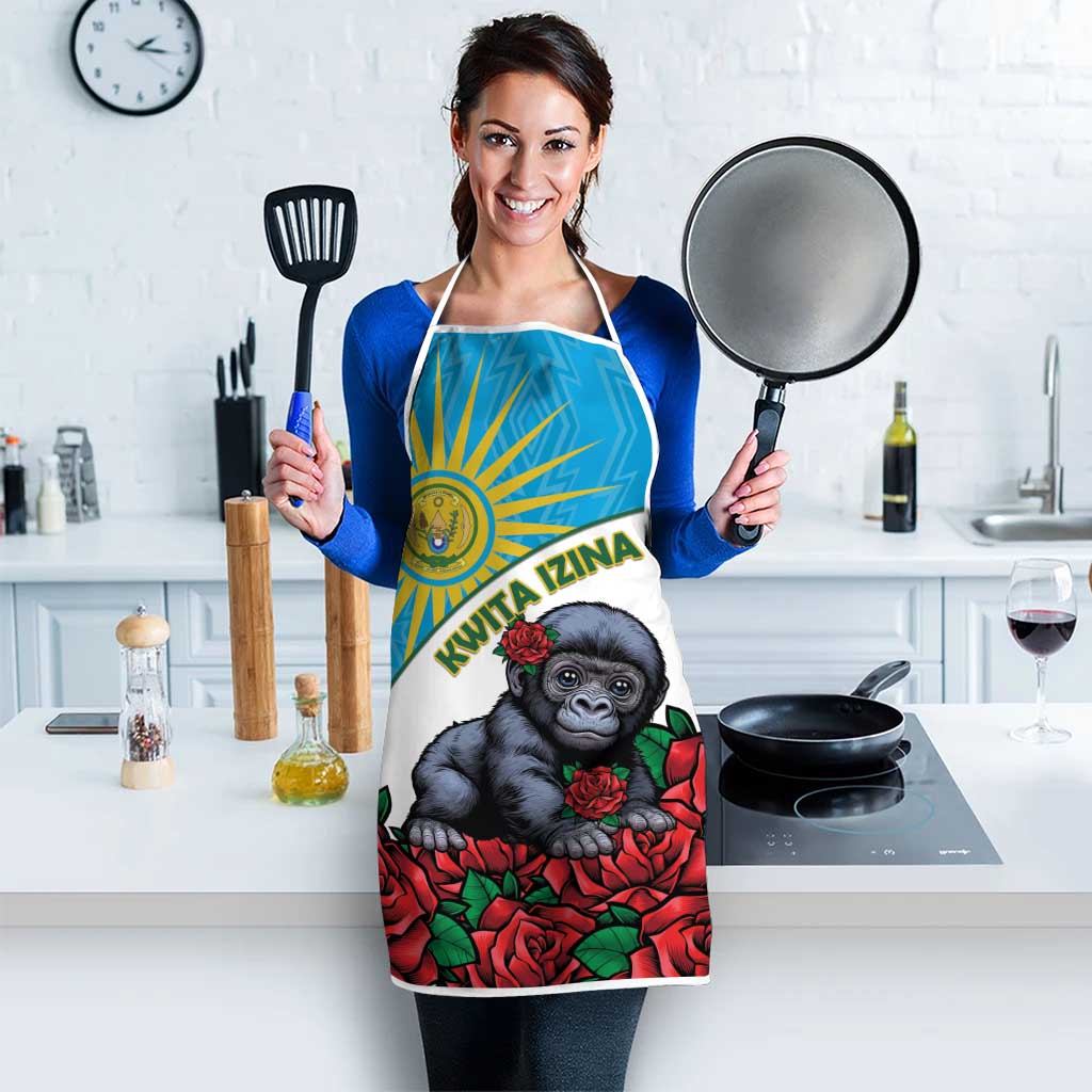 Apron worn by model: blue geometric emblem, baby gorilla and red roses graphic