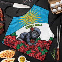 Apron close-up: baby gorilla between red roses on blue-and-white geometric fabric