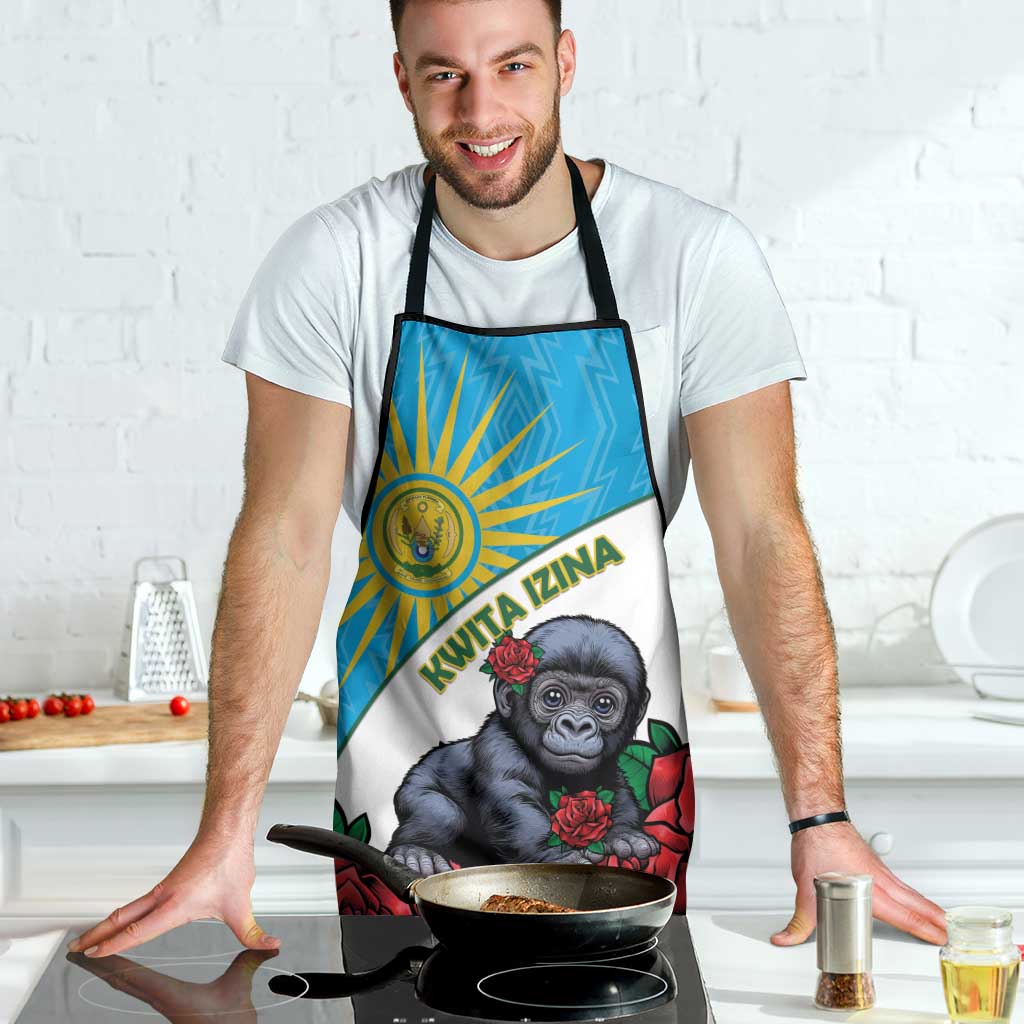 Apron worn by man: blue emblem, baby gorilla and red roses on white bib