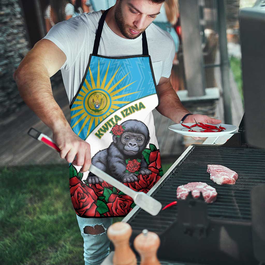 Apron worn outdoors: blue emblem, baby gorilla and red roses front graphic