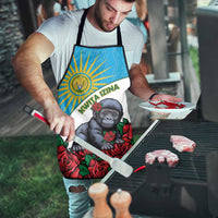 Apron worn outdoors: blue emblem, baby gorilla and red roses front graphic