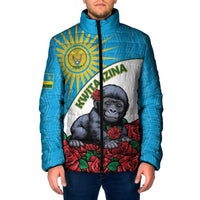 Blue padded jacket with front zipper and baby gorilla print with roses