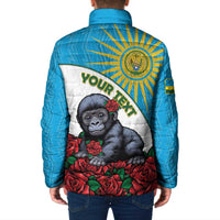 Blue padded jacket back view with baby gorilla, roses, and 'YOUR TEXT' panel