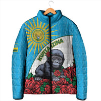 Blue padded jacket on hanger with front baby gorilla-and-rose graphic