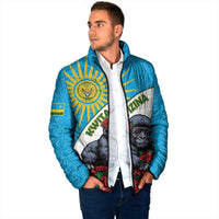 Blue padded jacket on model with front zipper and baby gorilla rose artwork