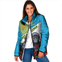 Blue padded jacket on model with front zipper, baby gorilla and rose graphic