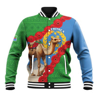 Green and blue personalized Eritrea baseball jacket with camel and flower front graphic