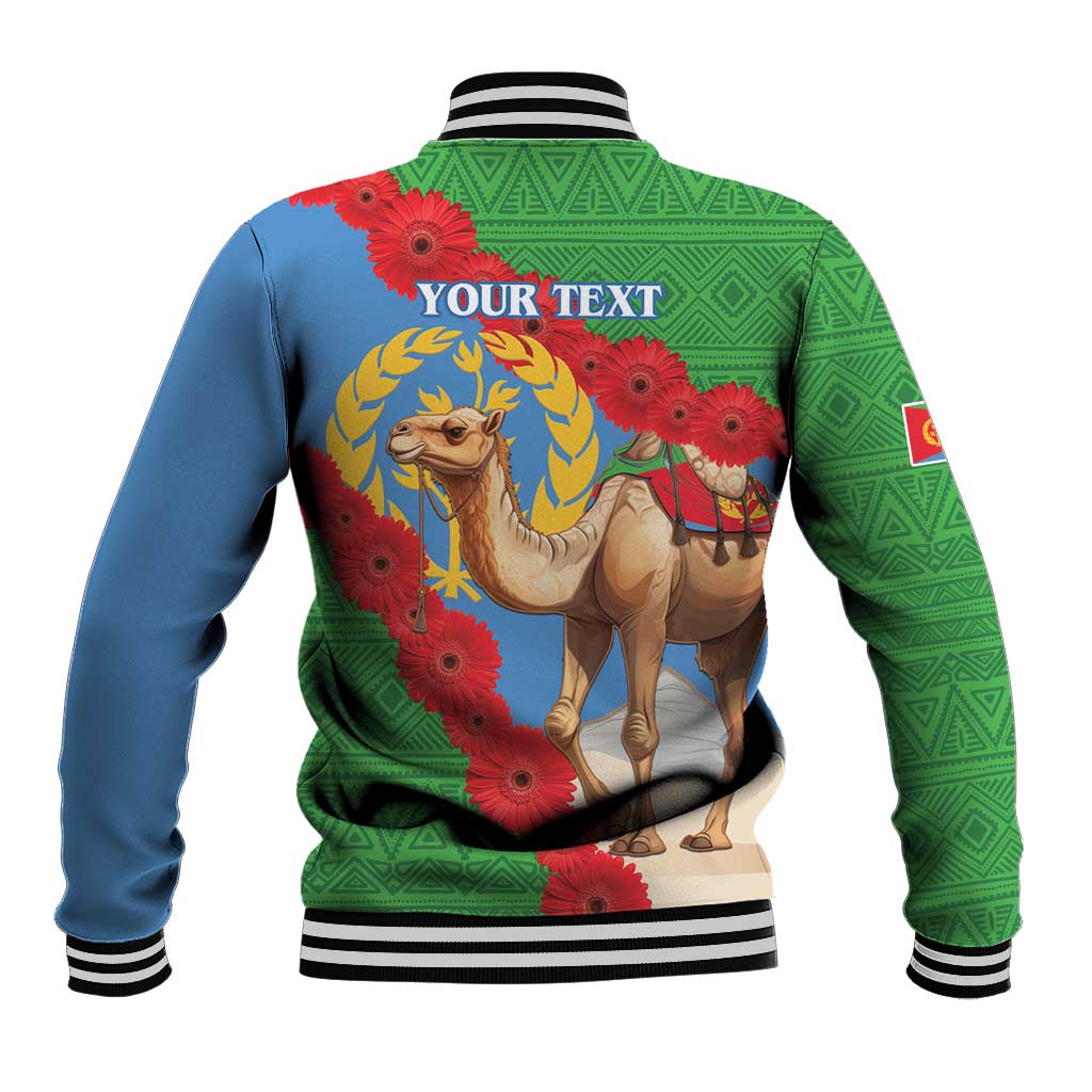 Back view: green and blue baseball jacket with camel wreath graphic and 'YOUR TEXT'