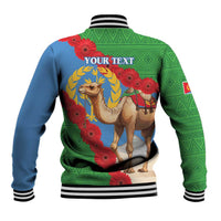 Back view: green and blue baseball jacket with camel wreath graphic and 'YOUR TEXT'