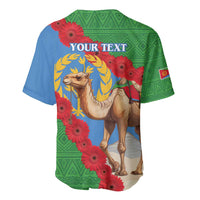 Eritrea camel baseball jersey with red gerbera flowers, back panel shows 'YOUR TEXT'