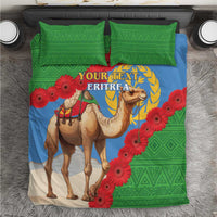 Green and blue Eritrea flag bedding set with camel, red flowers, and “YOUR TEXT” print