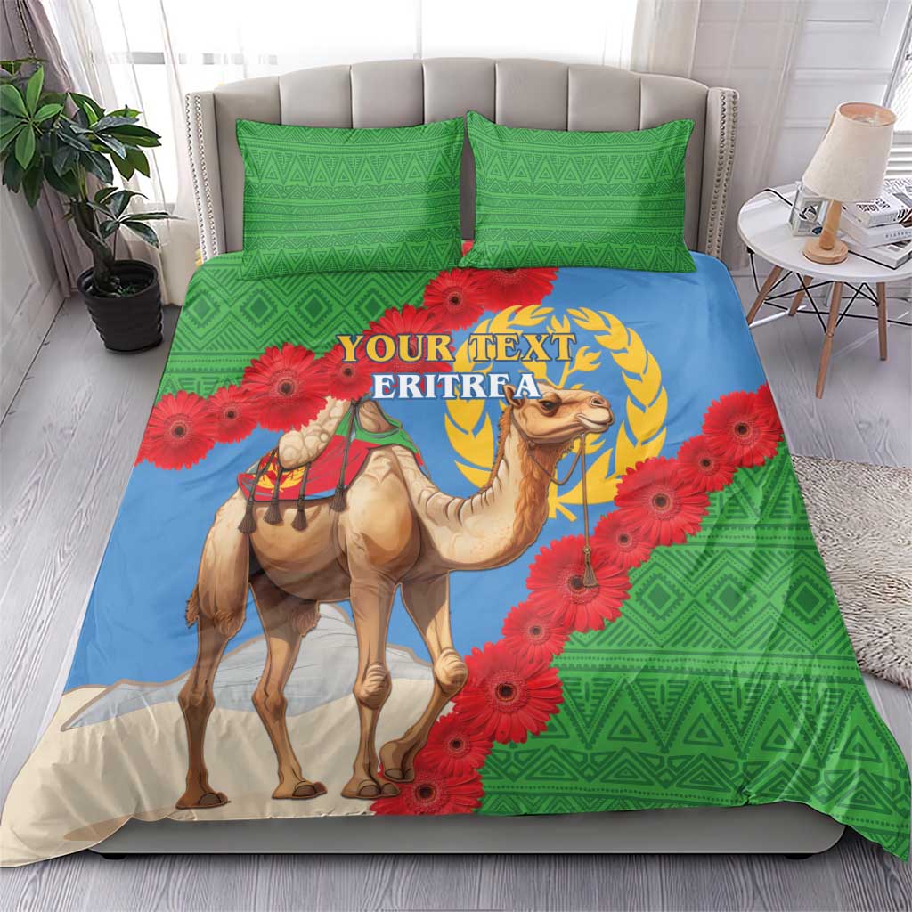 Eritrea flag bedding set on bed: blue center, green sides, camel with red gerbera flowers