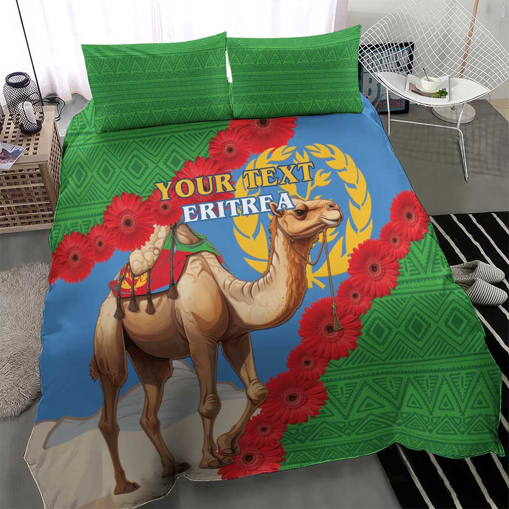 Eritrea flag bedding set with camel and red gerbera flowers, green geometric border, blue center