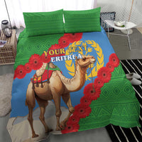 Eritrea flag bedding set with camel and red gerbera flowers, green geometric border, blue center