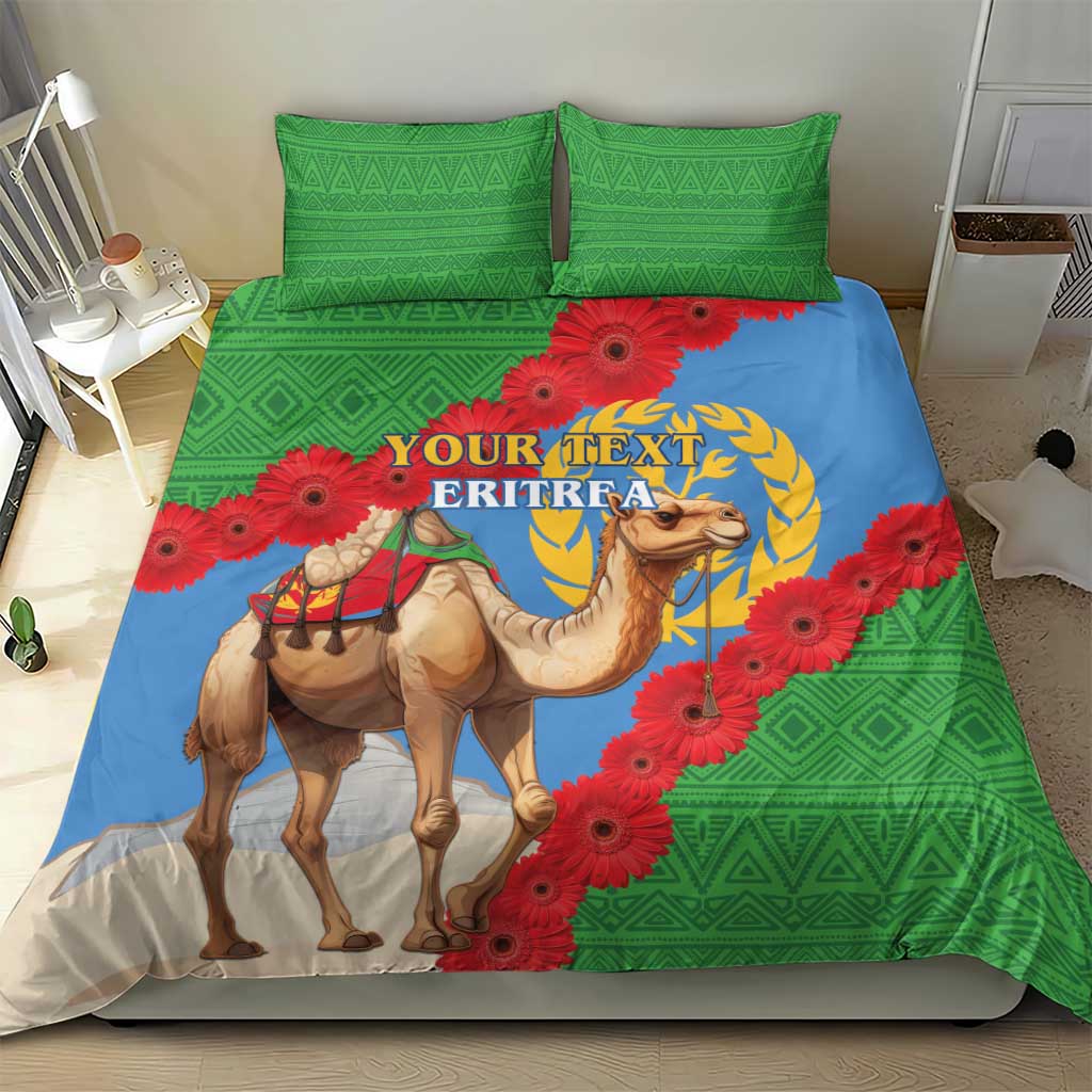 Eritrea flag bedding set: blue center with camel, green side panels, red flower accents