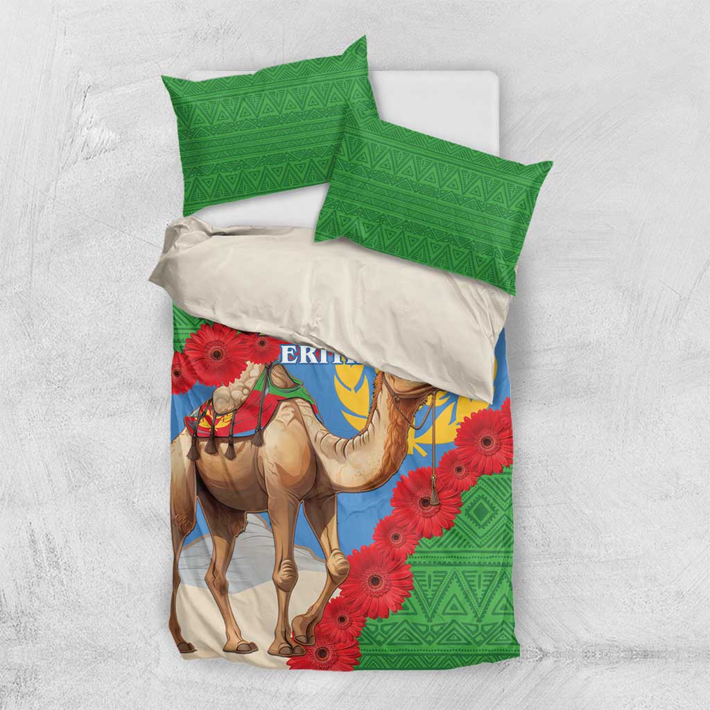Eritrea bedding set folded: blue-and-green cover with camel scene and red gerbera flowers