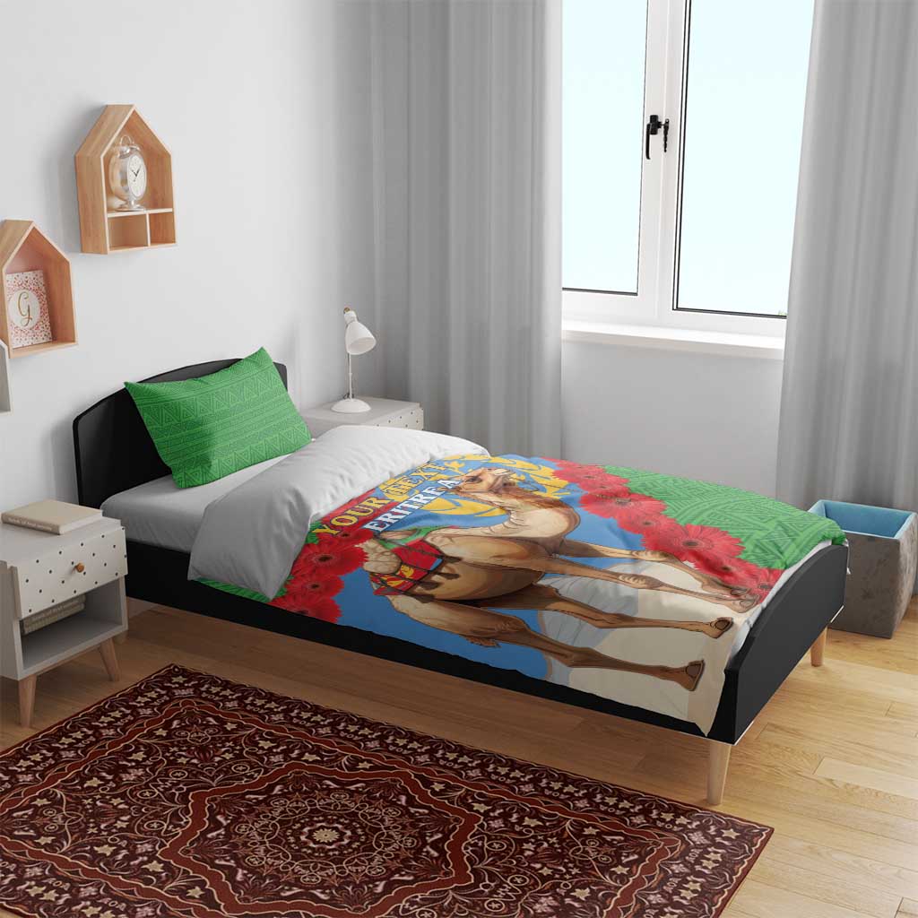 Eritrea flag bedding set on bed with green pillows and blue-and-green camel print