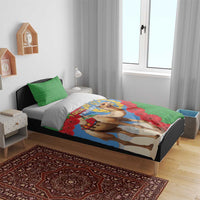 Eritrea flag bedding set on bed with green pillows and blue-and-green camel print
