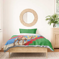 Eritrea bedding set with camel and red gerbera flowers on blue center, green geometric sides