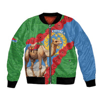 Unisex bomber jacket with green, blue, red panels; camel graphic and ribbed black trim