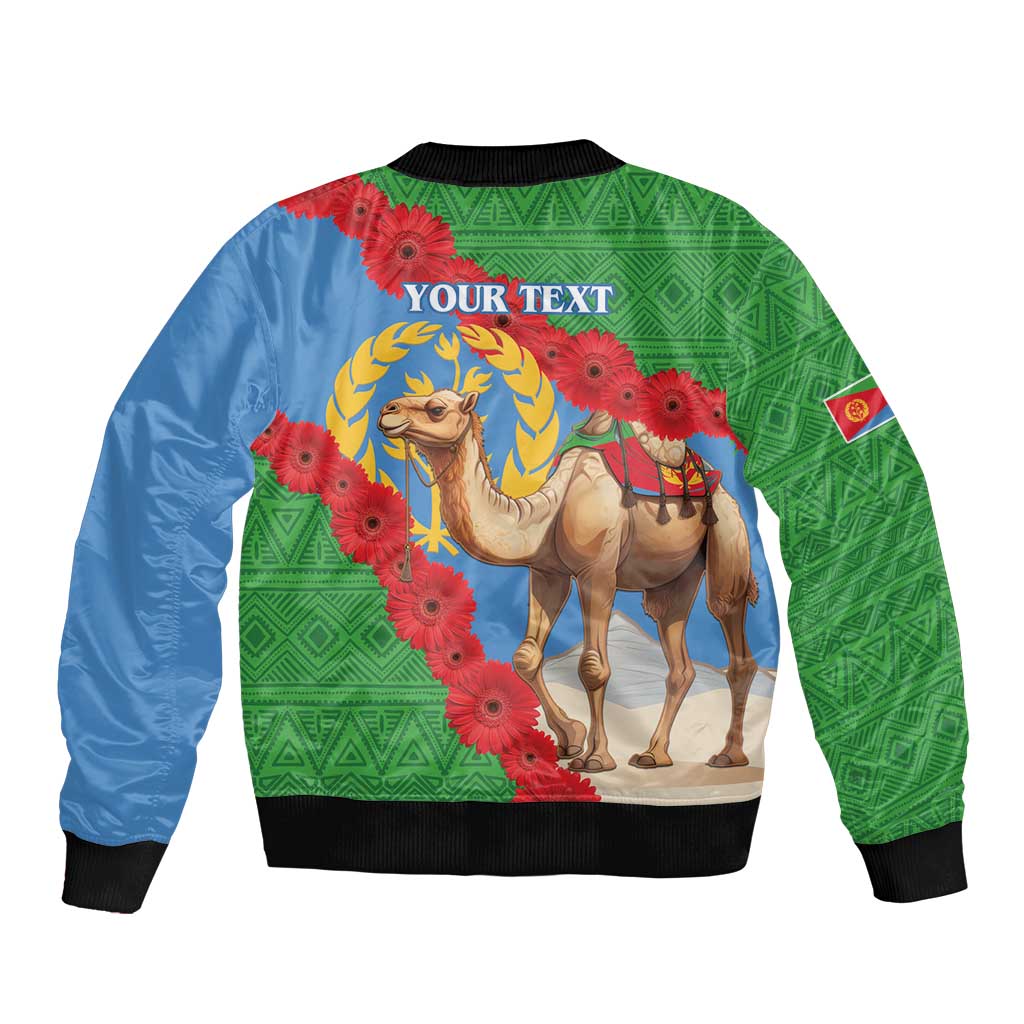 Unisex bomber jacket back print: 'YOUR TEXT', camels, red flowers, green/blue