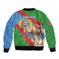 Unisex bomber jacket back print: 'YOUR TEXT', camels, red flowers, green/blue