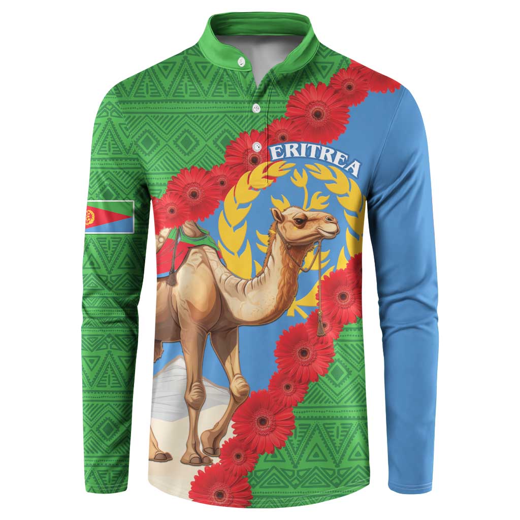 Green and blue button-up sweatshirt with Eritrea camel, floral print and crest