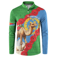 Green and blue button-up sweatshirt with Eritrea camel, floral print and crest