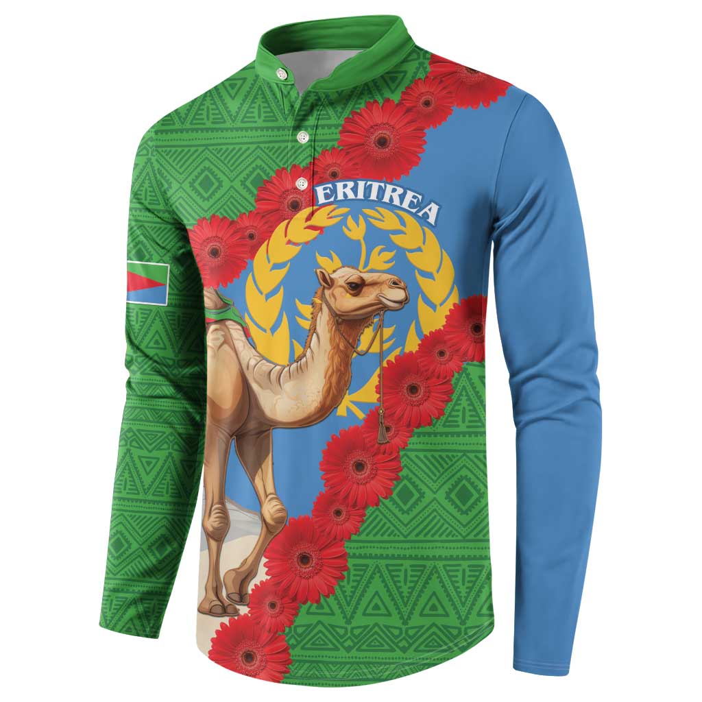 Green and blue button-up sweatshirt with Eritrea camel and floral ring print