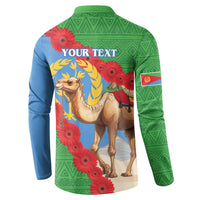 Back view green and blue button-up sweatshirt with camel, flowers, and 'YOUR TEXT'