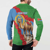 Back view green and blue button-up sweatshirt with 'YOUR TEXT' and camel floral print