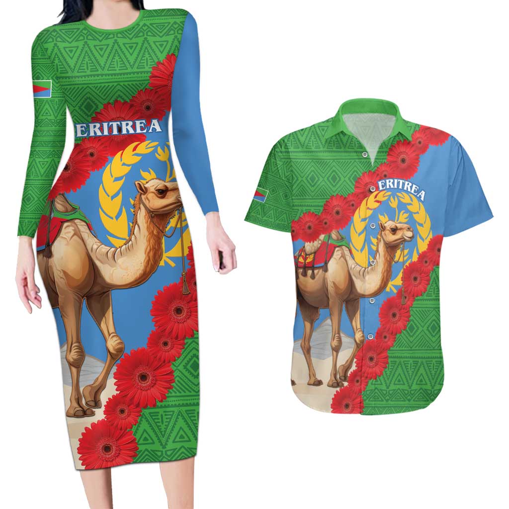 Personalised Eritrea Arabian Camel Couples Matching Long Sleeve Bodycon Dress and Hawaiian Shirt Gerbera Flower Flag Color