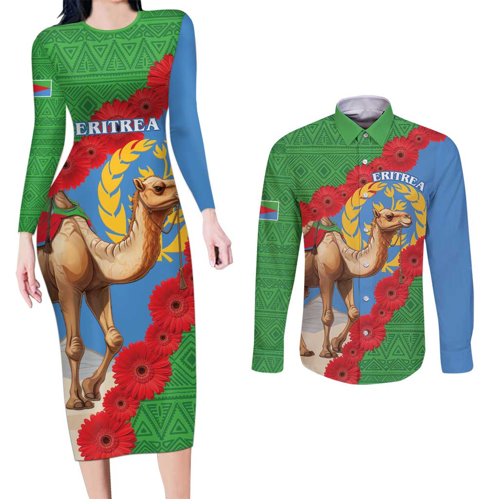 Personalised Eritrea Arabian Camel Couples Matching Long Sleeve Bodycon Dress and Long Sleeve Button Shirt Gerbera Flower Flag Color