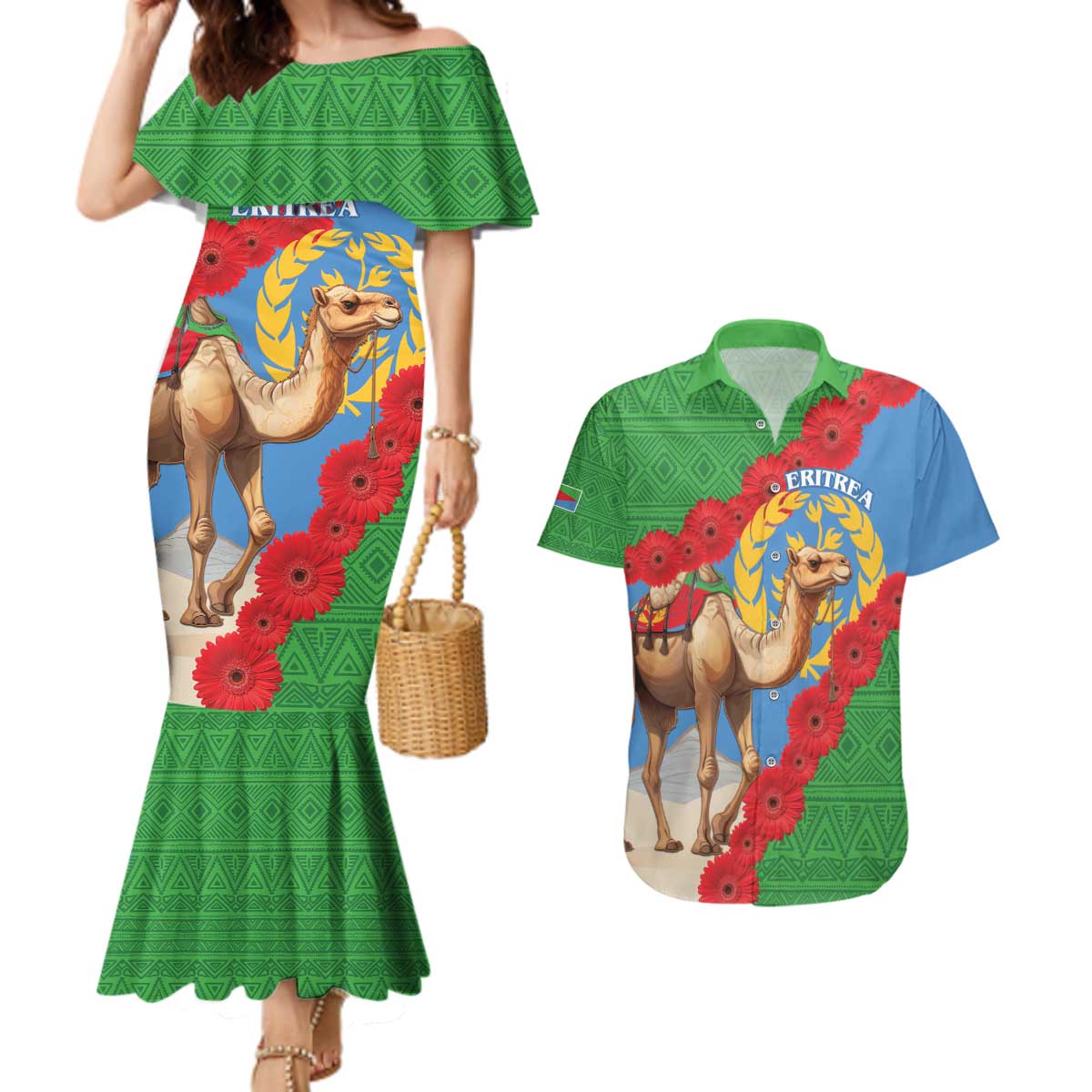 Personalised Eritrea Arabian Camel Couples Matching Mermaid Dress and Hawaiian Shirt Gerbera Flower Flag Color