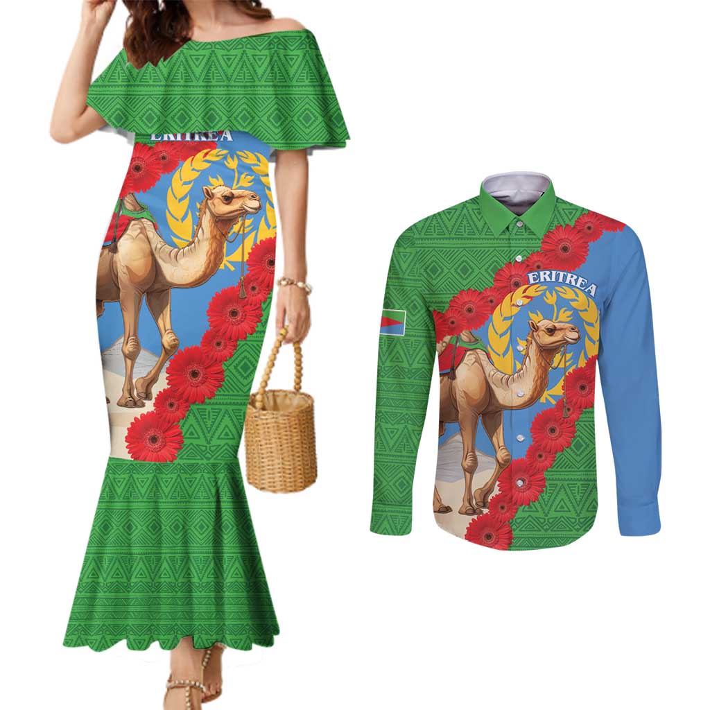 Personalised Eritrea Arabian Camel Couples Matching Mermaid Dress and Long Sleeve Button Shirt Gerbera Flower Flag Color