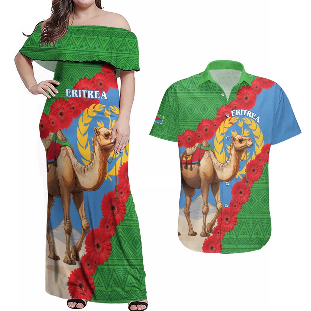 Personalised Eritrea Arabian Camel Couples Matching Off Shoulder Maxi Dress and Hawaiian Shirt Gerbera Flower Flag Color